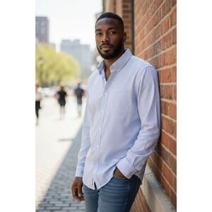 Gold Label Men Shirt SZ 18 Non‎ Iron 36 Button Up Long Sleeve Blue White EZ Wash